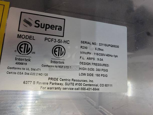 Supera PCF3-SI-HC 3-Door Commercial Refrigerator label, listing model and certifications. Ideal for high-volume kitchens.
