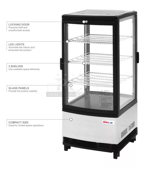 Turbo Air CRT-77-2R-N 17" countertop refrigerator with pass-through access, locking door, LED lights, and glass panels.