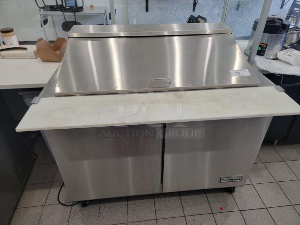 Supera PS48-MT-SI-HC 48" Mega Top prep table, stainless steel, spacious, used condition, Supera logo visible.