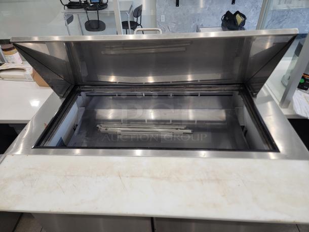 Supera PS48-MT-SI-HC 48" Mega Top prep table, open lid, stainless steel, spacious interior for ingredient storage.
