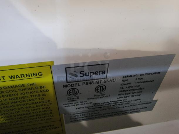 Supera PS48-MT-SI-HC label, showing model, serial number 2211SUPQ05349, and ETL certification for commercial use.