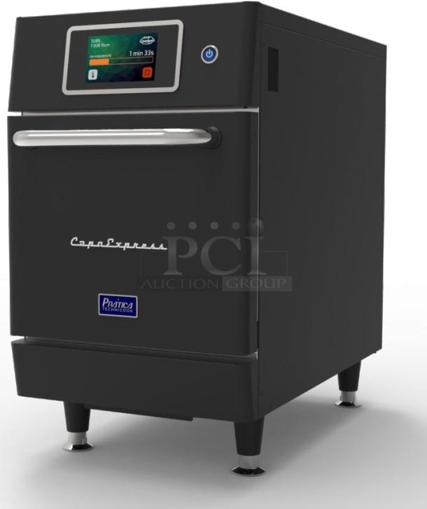 Prática Copa Express Black High Speed Oven, ideal for rapid cooking in commercial kitchens. Includes touchscreen and bonus cleaner.