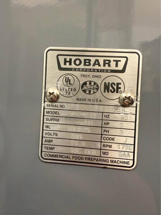 Hobart 1410 commercial mixer label; UL listed, NSF certified. Serial: 31-1234-55. 5HP, 220V, 3PH, 17.3A, 60Hz. Made in USA.