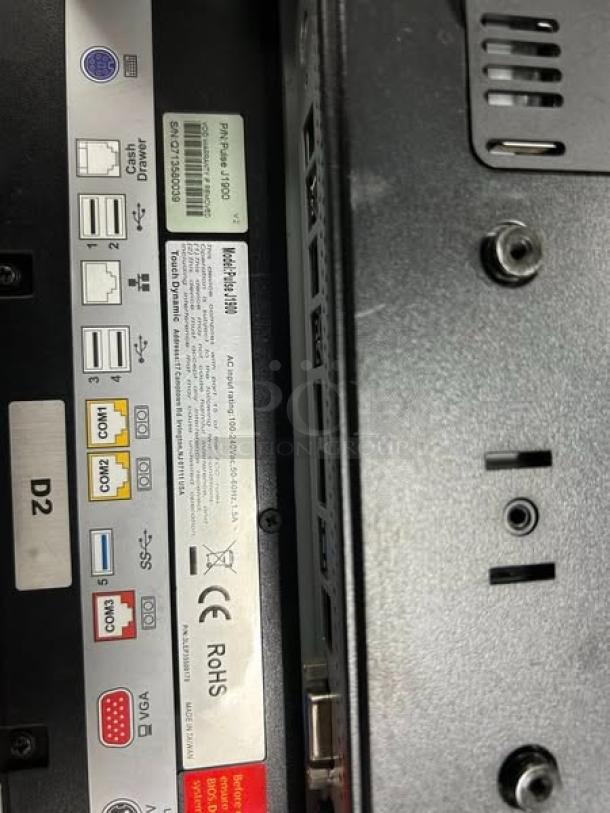 Touch Dynamic Pulse POS system, model J1900, labels showing ports, CE and RoHS marks, excellent condition.