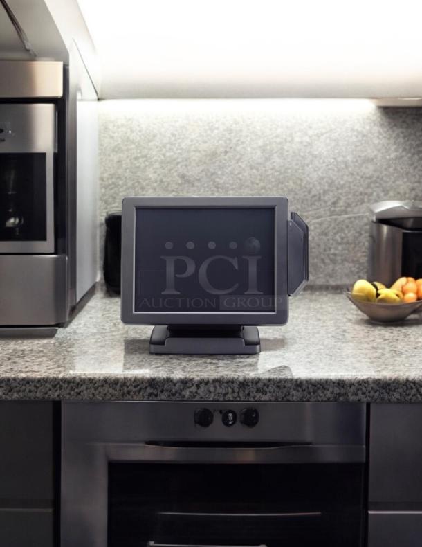 15" Sanyo AEGIS-152TA black P.O.S monitor in excellent condition, displayed on a granite countertop, fully tested and working.
