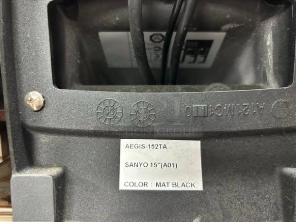 SANYO AEGIS-152TA 15" black POS monitor in excellent condition, mat black color. Labels indicate full testing and functionality.