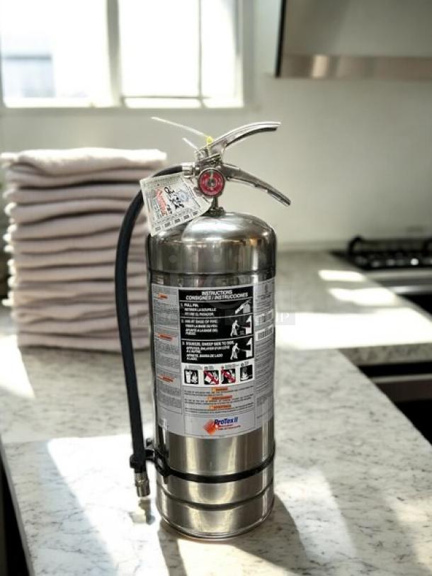 Protex II Restaurant Wet Chemical Fire Extinguisher, Model NO. H-25715296, in excellent condition, with visible safety tag.