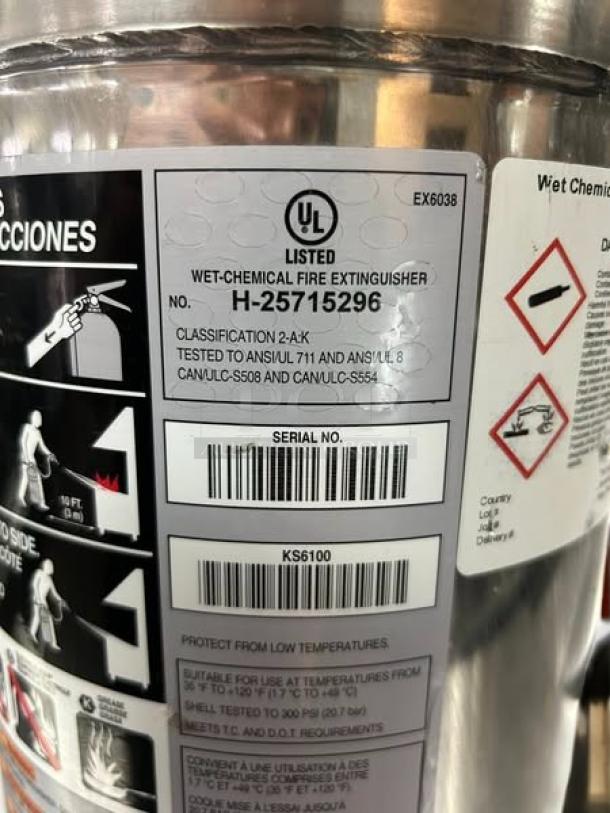 Protex II Wet Chemical Fire Extinguisher, Model H-25715296, UL Listed, tested to ANSI/UL standards, excellent condition.