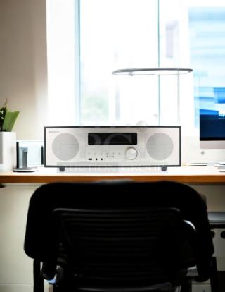 Insignia NSHAIOR18 all-in-one stereo shelf audio system on desk, excellent condition, fully tested and working.