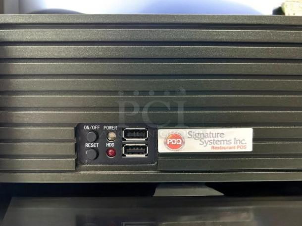 PDQ Signature Systems Inc restaurant POS monitor in great condition, fully tested and working. Features USB ports; labeled with PDQ logo.