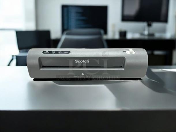 Brand new Scotch TL901X thermal laminator; sleek gray design, compact size, with control buttons visible on top.