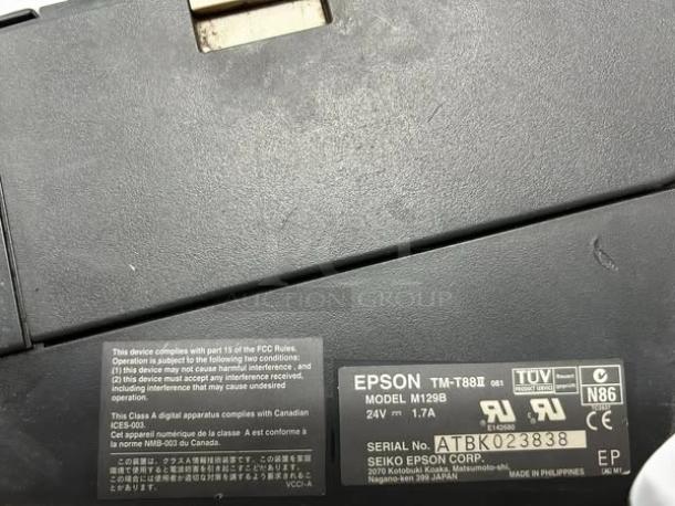 Epson TM-T20III thermal receipt printer, USB-Serial, great condition, fully tested. Visible labels show model and compliance details.