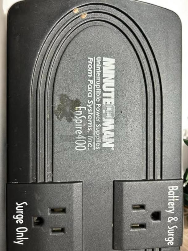 MinuteMan EnSpire EN400 UPS, fully tested, working, black, minor wear, labeled ports for "Surge Only" and "Battery & Surge."