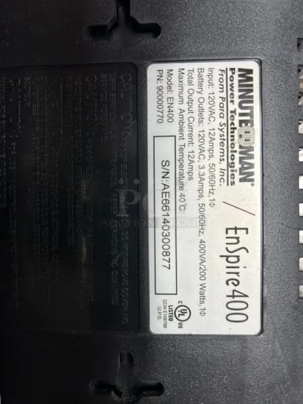 MinuteMan EnSpire EN400 Standby UPS, fully tested, awesome condition. Front label shows specifications, including 400VA/200W.