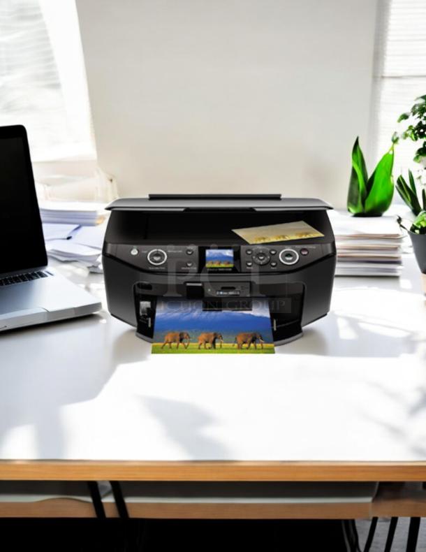 Epson Stylus Photo RX595 printer in awesome condition, fully tested and working, with a photo printout displayed.