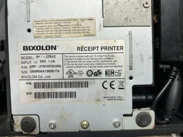 BIXOLON SRP-275III receipt printer, model SRP-275IIIAOSG. Fully tested, working condition, detailed model labels visible.