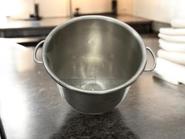 Hobart HL-12 12Qt stainless steel bowl, great condition, fully tested, with handles on both sides, on a kitchen counter.