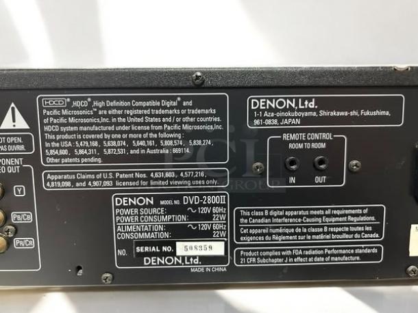 Denon DVD-2800II rear panel showing labels, remote ports, and serial number. Fully tested, in excellent condition.