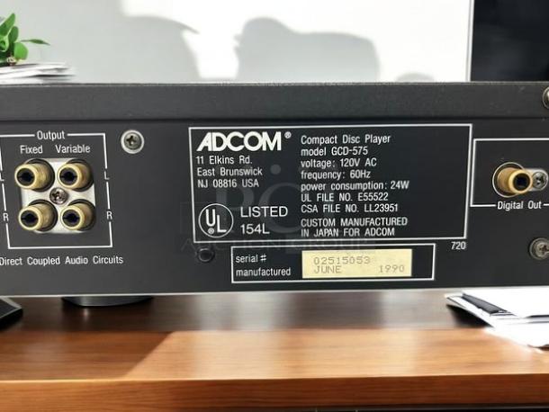Adcom GCD-575 CD player, fully tested, in great condition. Features include fixed/variable output, digital out, UL listed, manufactured June 1990.