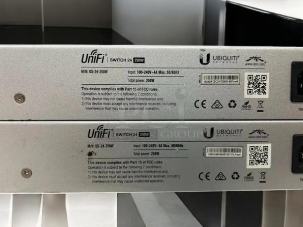 Ubiquiti UniFi 24-Port US-24-250W Switch, excellent condition, labels showing model and specifications, fully tested.
