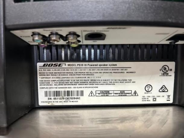 Bose PS18 III powered speaker system in excellent condition; fully tested. Model tag with connection ports visible.