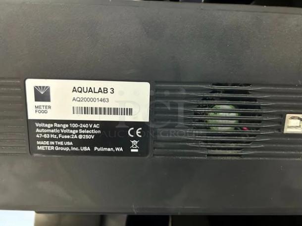 METER Aqualab 3 (AQ3) label, indicating it's made in the USA with voltage range details.