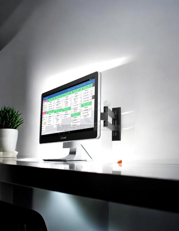 Toast Flex POS touchscreen monitor in black, TK200 model. Mounted on a wall, fully tested and in amazing condition.