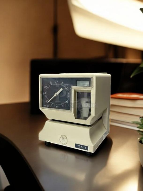 AMANO TCX-11 Time Clock in great condition, 6 7/8" x 8 1/4", fully tested and working, visible model marking "TCX-11".