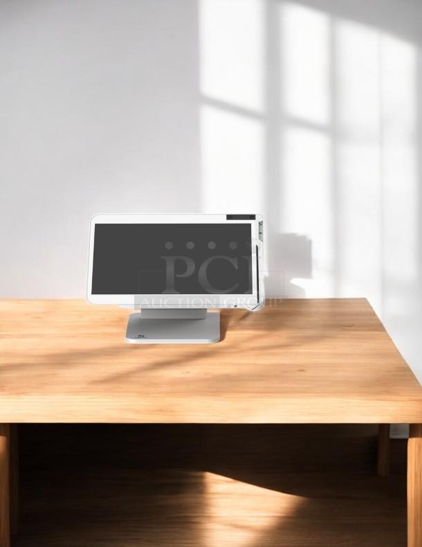 Clover C100 touchscreen POS system in excellent condition, fully tested and working, displayed on a wooden table.