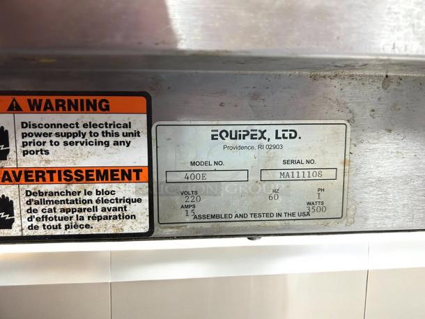 Equipex 400E crepe maker label with warning instructions and model details; 240v, single-phase, tested and working.