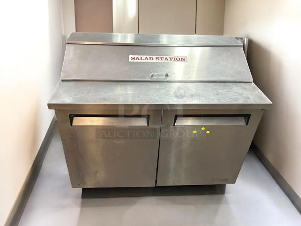 Turbo Air MST-48-N 48" stainless steel refrigerated sandwich prep table, two doors, excellent condition, labeled "Salad Station."