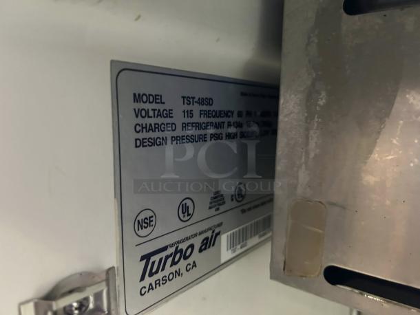 Turbo Air MST-48-N refrigerated prep table label, model TST-48SD, 115V, NSF and UL certified, great condition.