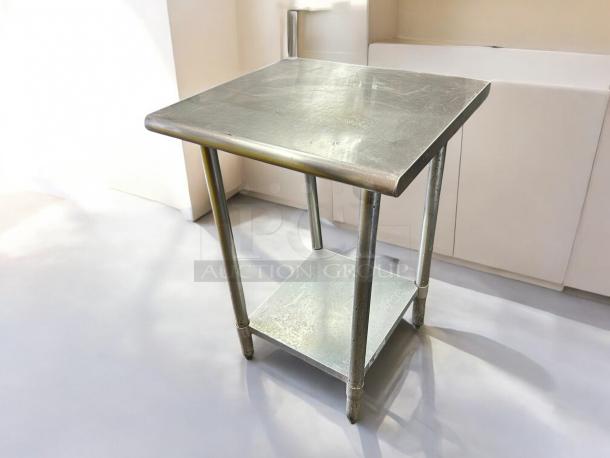 Eagle Group T2424B-1X 24x24in worktable with stainless steel top, sturdy frame, bottom shelf, visible minor wear.