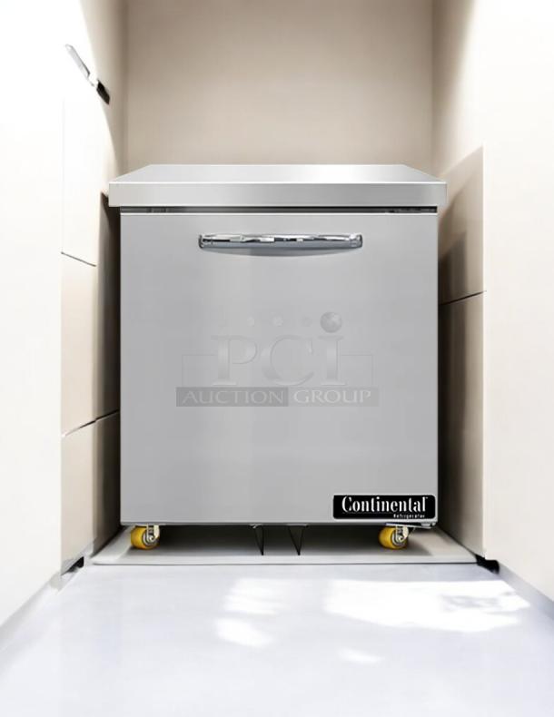 Continental SW27N-U 27" undercounter refrigerator with one door, stainless steel, tested working, features branding label.