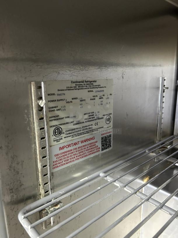 Continental SW27N-U 27" undercounter refrigerator interior with label; 115v power, single door, tested, working condition.