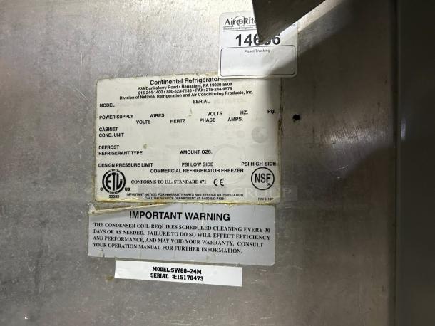 Continental SW60-24M sandwich prep table label showing model and serial numbers, safety instructions, and certifications.
