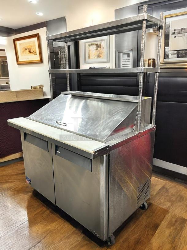 Turbo Air MST-48-N M3 Series 48" stainless steel refrigerated sandwich prep table with two-tier overshelf in great condition.