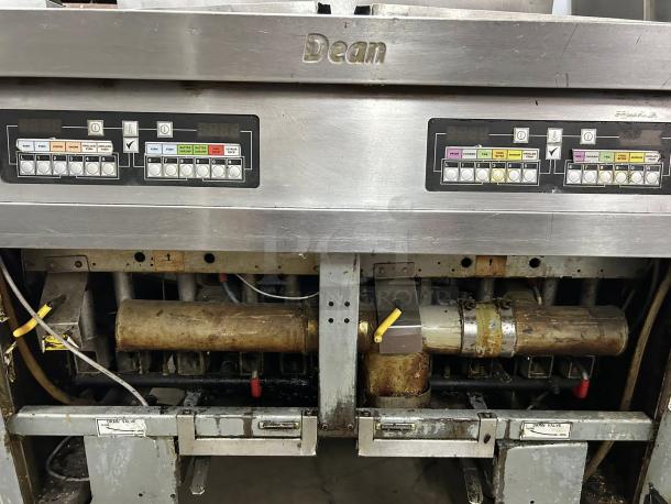 Dean by Frymaster SCFHD260G Decathlon HD Series Gas Fryer, dual 80 lb. tanks, tested, working, stainless steel, control panel visible.