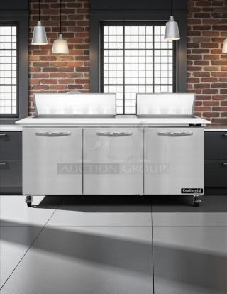 Continental SW72-N-18C 72" 3 Door Sandwich Prep Table, excellent condition, stainless steel, tested, with logo visible.
