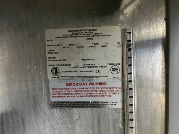 Alt text: Continental Refrigerator SW72-N-18C label showing model, power specs, NSF mark, and maintenance warnings.