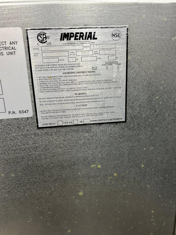 Imperial Range IFS-40NG fryer label showing model, make, and safety instructions; like-new condition, 105,000 BTU.