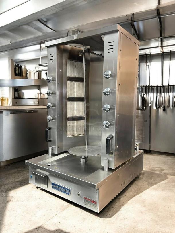 Attias GRY-8, 8 burner electric gyro machine, 100lbs capacity, stainless steel, excellent condition, 120v/60hz/1ph, tested.