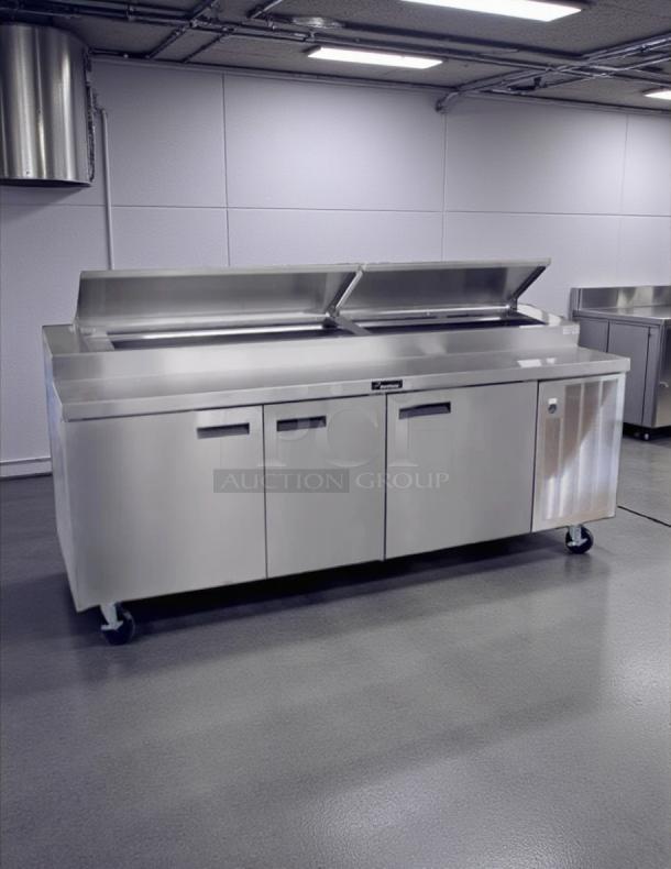 Delfield 000-20191PTC 91in 3-door pizza prep table on casters, stainless steel, tested, working, 115v.