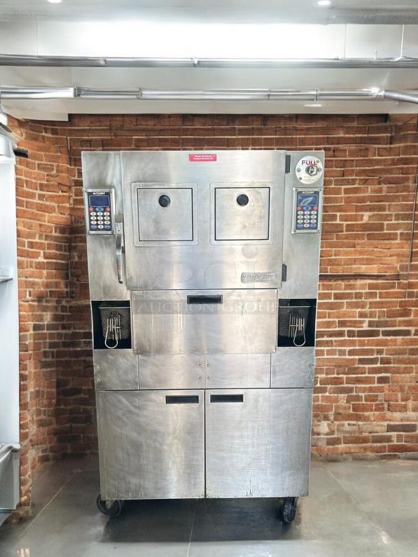 AutoFry MTI-40E double basket fryer, ventless, 6.0 gallon, mobile, stainless steel, tested & working, 208/240V, 1 Phase.