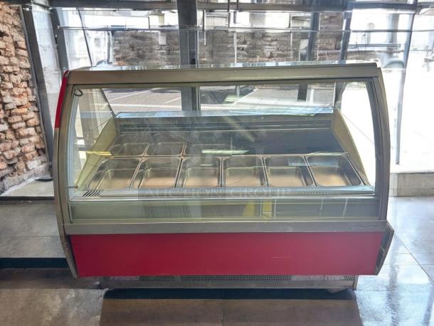 Oscartielle C83FK-9SC gelato case, 24 pans, tested and working, 220V 1Ph, great condition, red and glass display.