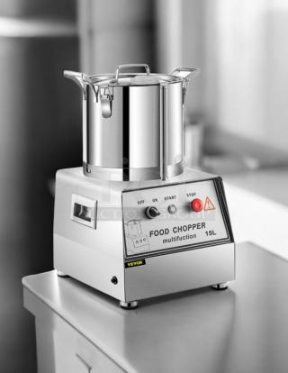 Vevor 15L Commercial Food Processor in like-new condition, stainless steel body, labeled controls, tested and working.