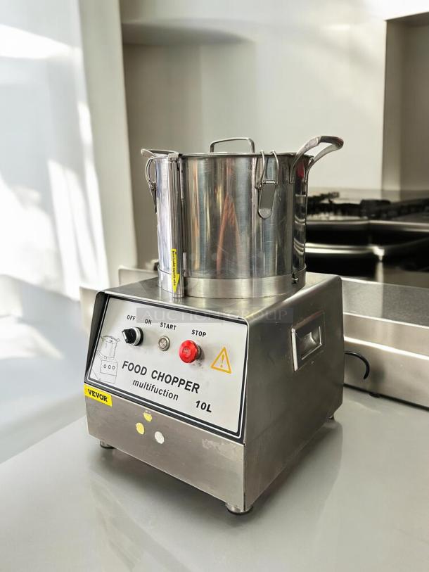 Vevor 15L stainless steel commercial food processor, like new, 110V, grain grinder, tested and working, model label visible.