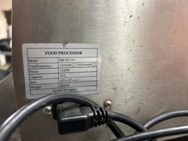 Vevor 15L Commercial Food Processor, stainless steel, 110V, 100W, tested, like new, model MP-FC310 label visible.