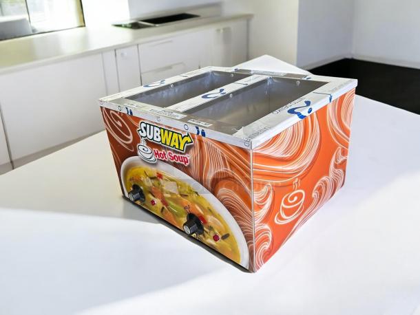 Duke CSW-2-T-AM Subway electric countertop soup warmer, 2-well, 120V, great condition. Decorated with “Subway Hot Soup” graphics.