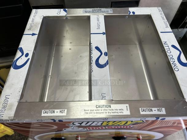 Duke CSW-2-T-AM Subway Electric Countertop Soup Warmer, 2-well, model shown in great condition, with caution labels visible.